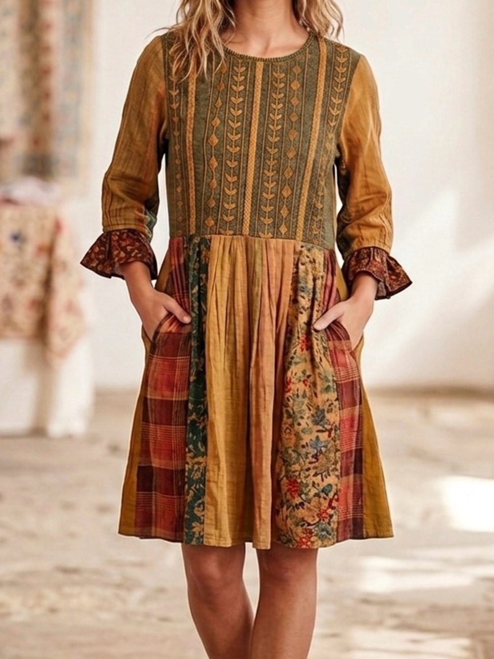 NWT Young Threads Boho Patchwork Midi Dress - Size M